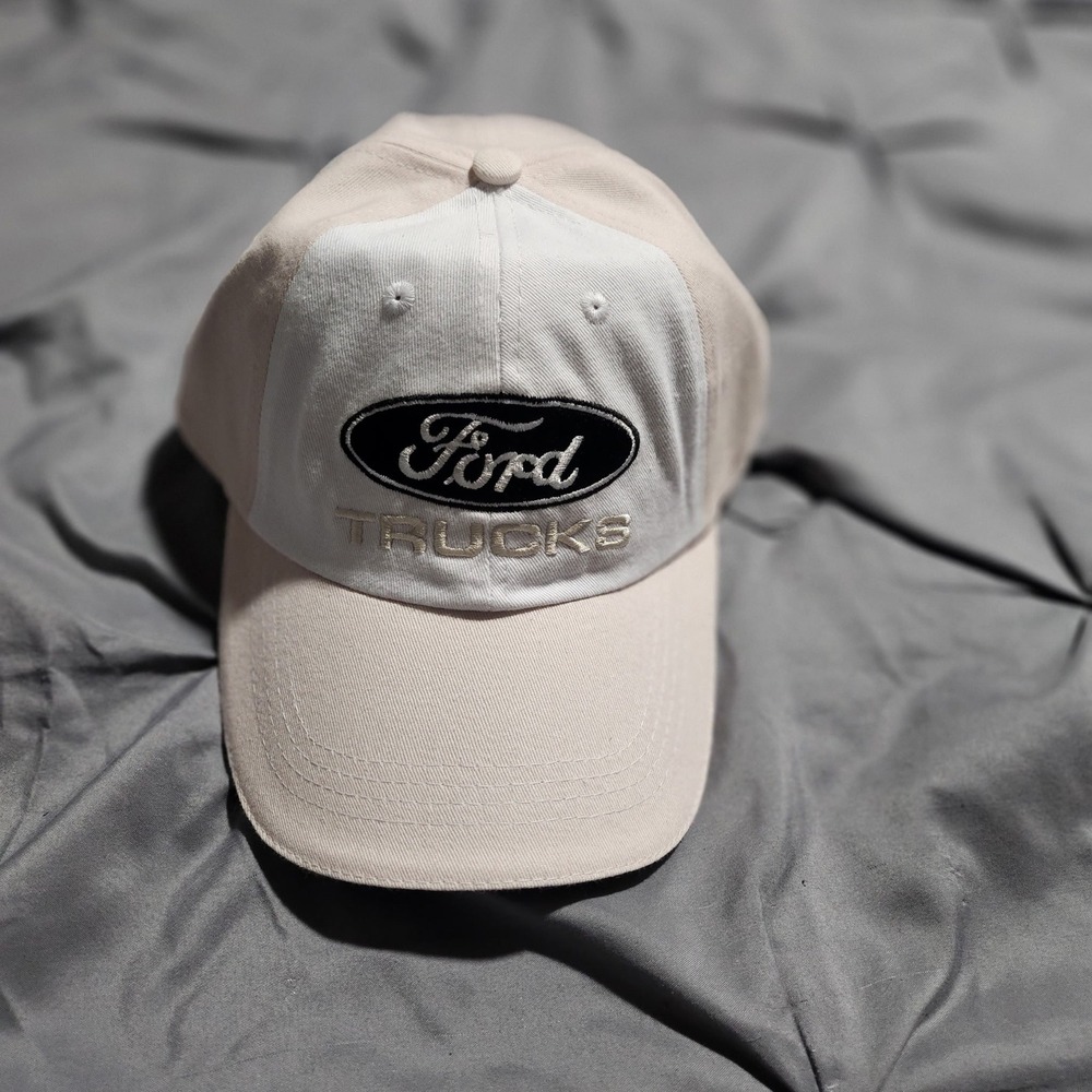 Ford Trucks Hat Tan White Embroidered Logo Baseball Cap Adjustable Official Mens